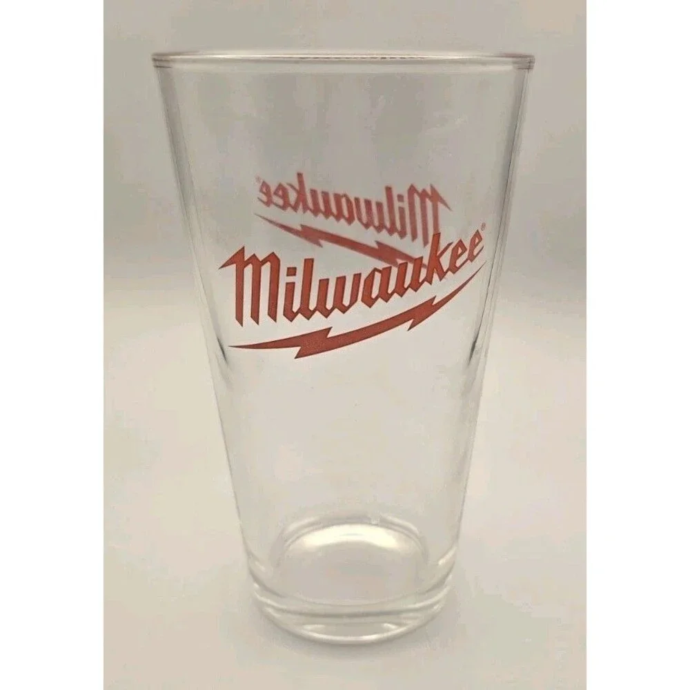 Set of 2 Genuine Milwaukee Tool 16oz Pint Glasses - Red Lightning Bolt Logo